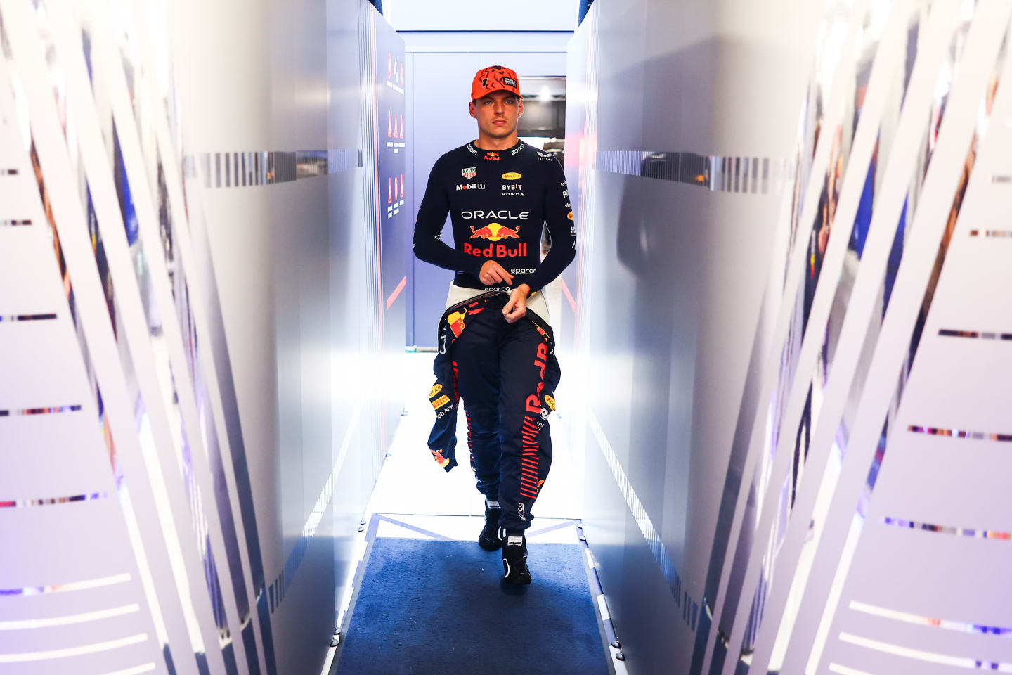 BUDAPEST, HUNGARY - JULY 21: Max Verstappen of the Netherlands and Oracle Red Bull Racing walks into the garage during practice ahead of the F1 Grand Prix of Hungary at Hungaroring on July 21, 2023 in Budapest, Hungary. (Photo by Mark Thompson/Getty Images)