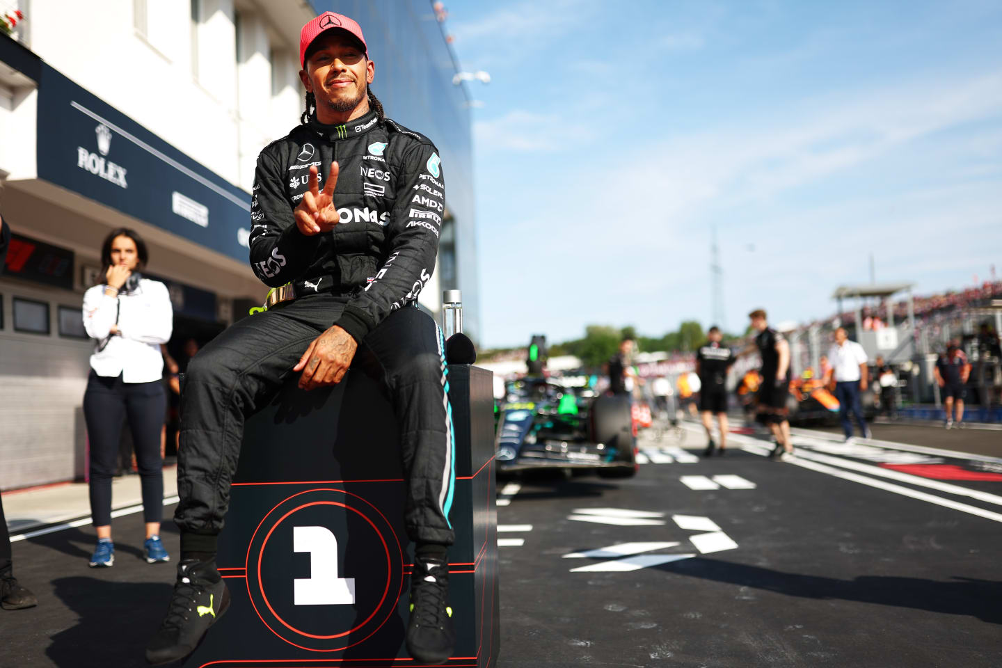 BUDAPEST, HUNGARY - JULY 22: Pole position qualifier Lewis Hamilton of Great Britain and Mercedes celebrates in parc ferme during qualifying ahead of the F1 Grand Prix of Hungary at Hungaroring on July 22, 2023 in Budapest, Hungary. (Photo by Dan Istitene - Formula 1/Formula 1 via Getty Images)