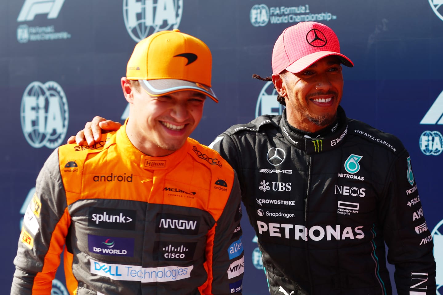 BUDAPEST, HUNGARY - JULY 22: Pole position qualifier Lewis Hamilton of Great Britain and Mercedes celebrates in parc ferme with third placed qualifier Lando Norris of Great Britain and McLaren during qualifying ahead of the F1 Grand Prix of Hungary at Hungaroring on July 22, 2023 in Budapest, Hungary. (Photo by Dan Istitene - Formula 1/Formula 1 via Getty Images)