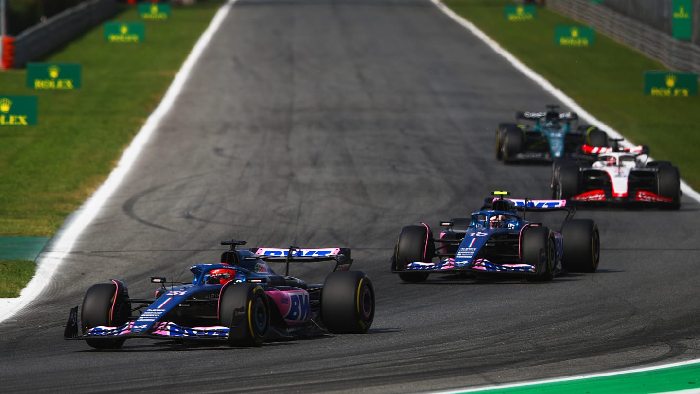 MONZA, ITALY - SEPTEMBER 03: Esteban Ocon of France driving the (31) Alpine F1 A523 Renault leads Pierre Gasly of France driving the (10) Alpine F1 A523 Renault during the F1 Grand Prix of Italy at Autodromo Nazionale Monza on September 03, 2023 in Monza, Italy. (Photo by Joe Portlock - Formula 1/Formula 1 via Getty Images)