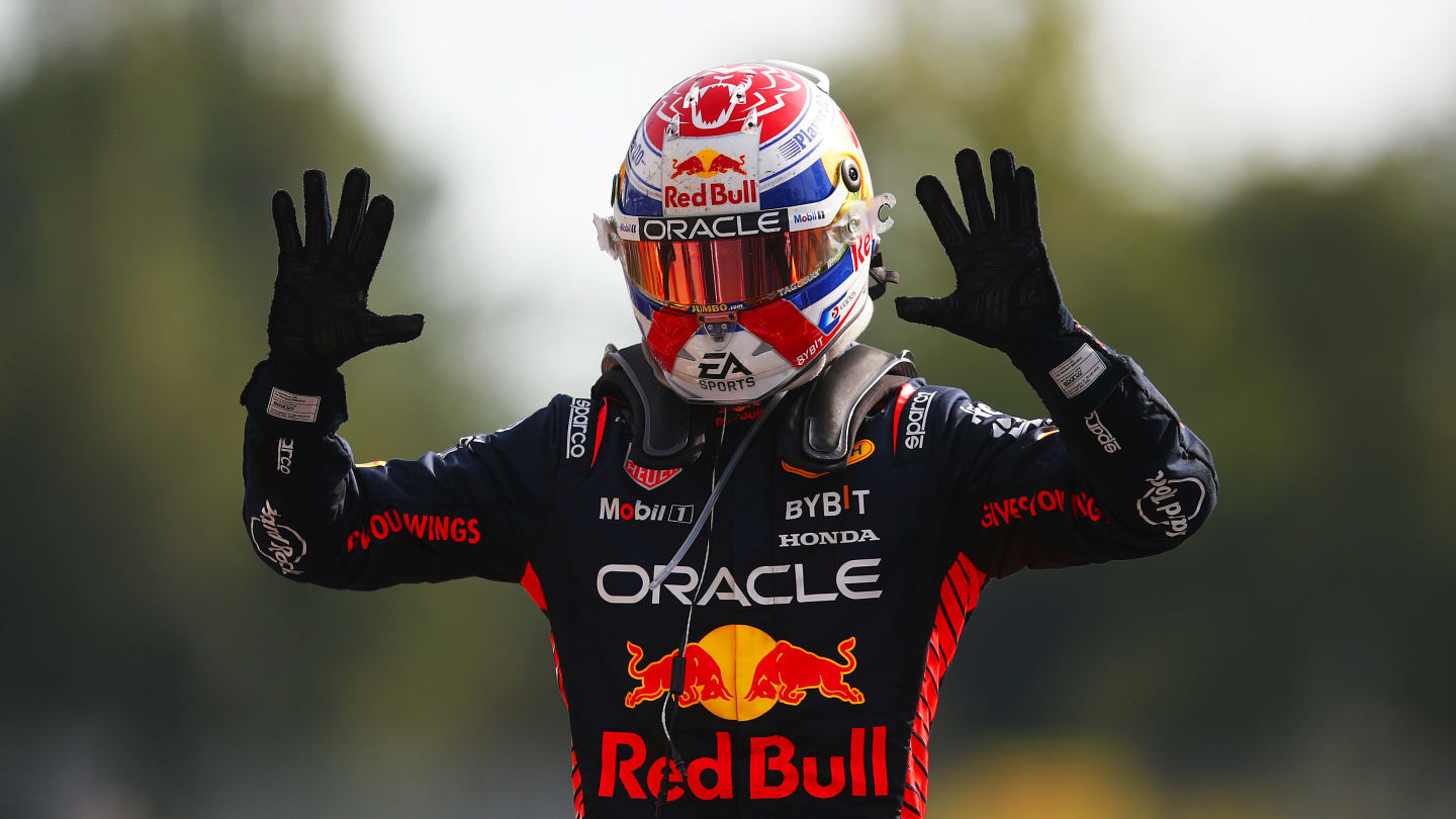 MONZA, ITALY - SEPTEMBER 03: Race winner Max Verstappen of the Netherlands and Oracle Red Bull Racing celebrates his record tenth consecutive race win in parc ferme during the F1 Grand Prix of Italy at Autodromo Nazionale Monza on September 03, 2023 in Monza, Italy. (Photo by Joe Portlock - Formula 1/Formula 1 via Getty Images)