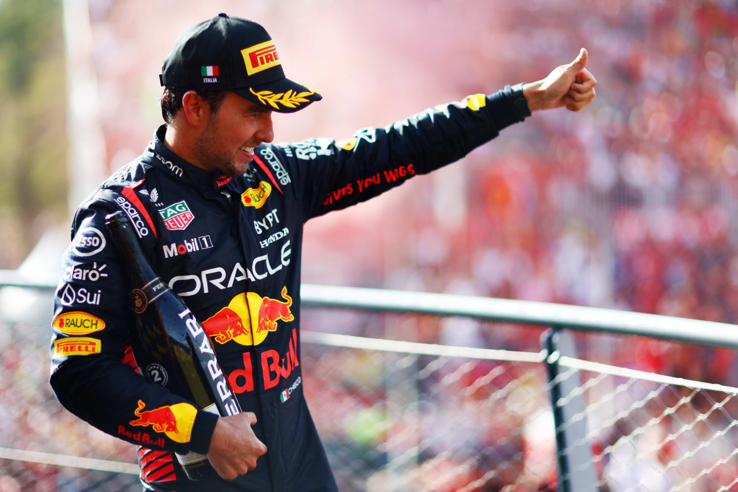 MONZA, ITALY - SEPTEMBER 03: Second placed Sergio Perez of Mexico and Oracle Red Bull Racing