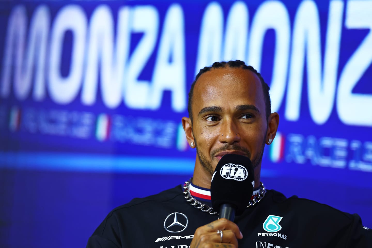 MONZA, ITALY - AUGUST 31: Lewis Hamilton of Great Britain and Mercedes attends the Drivers Press