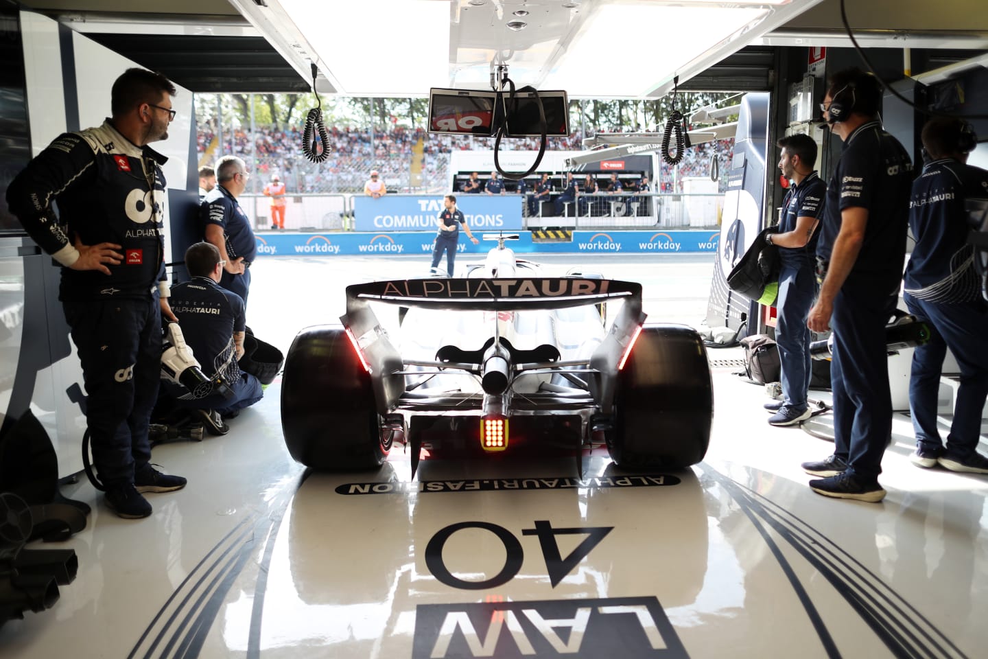 MONZA, ITALY - SEPTEMBER 02: Liam Lawson of New Zealand driving the (40) Scuderia AlphaTauri AT04 leaves the garage during qualifying ahead of the F1 Grand Prix of Italy at Autodromo Nazionale Monza on September 02, 2023 in Monza, Italy. (Photo by Peter Fox/Getty Images)