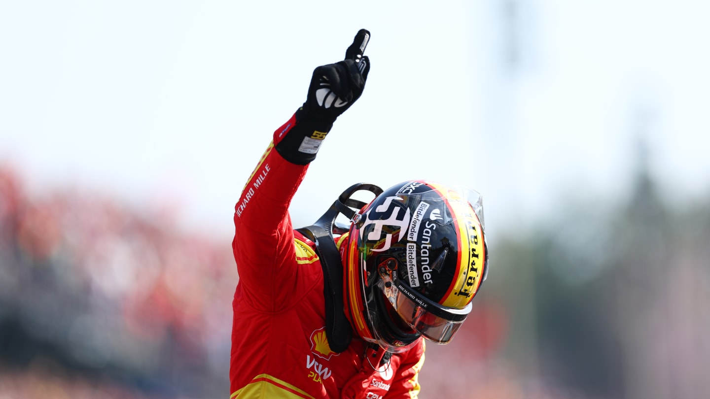 MONZA, ITALY - SEPTEMBER 02: Pole position qualifier Carlos Sainz of Spain and Ferrari celebrates in parc ferme during qualifying ahead of the F1 Grand Prix of Italy at Autodromo Nazionale Monza on September 02, 2023 in Monza, Italy. (Photo by Dan Istitene - Formula 1/Formula 1 via Getty Images)