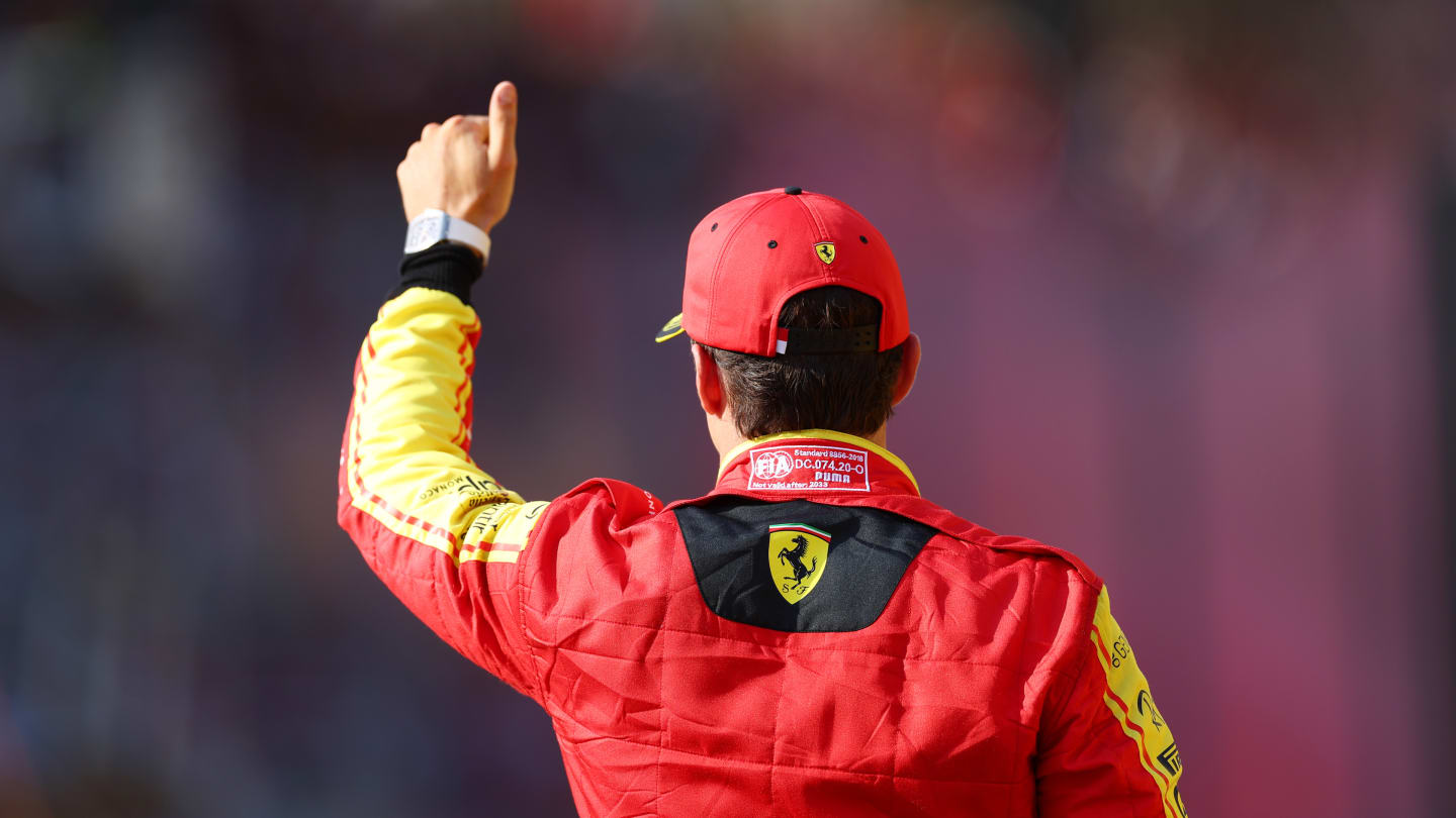 MONZA, ITALY - SEPTEMBER 02: Third placed Charles Leclerc of Monaco and Ferrari waves to the crowd from parc ferme during qualifying ahead of the F1 Grand Prix of Italy at Autodromo Nazionale Monza on September 02, 2023 in Monza, Italy. (Photo by Dan Istitene - Formula 1/Formula 1 via Getty Images)