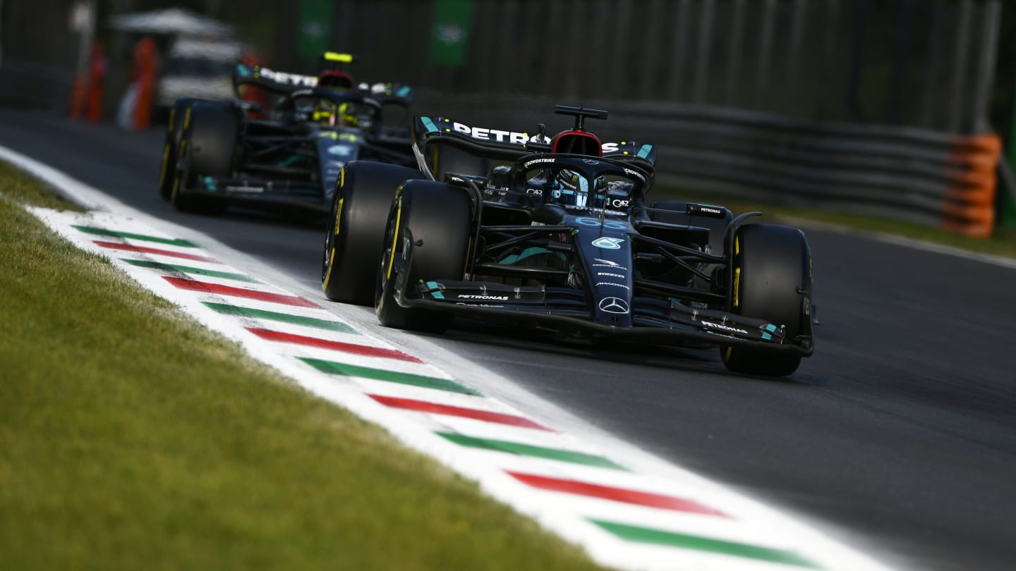 MONZA, ITALY - SEPTEMBER 02: George Russell of Great Britain driving the (63) Mercedes AMG Petronas F1 Team W14 on track during qualifying ahead of the F1 Grand Prix of Italy at Autodromo Nazionale Monza on September 02, 2023 in Monza, Italy. (Photo by Rudy Carezzevoli - Formula 1/Formula 1 via Getty Images)