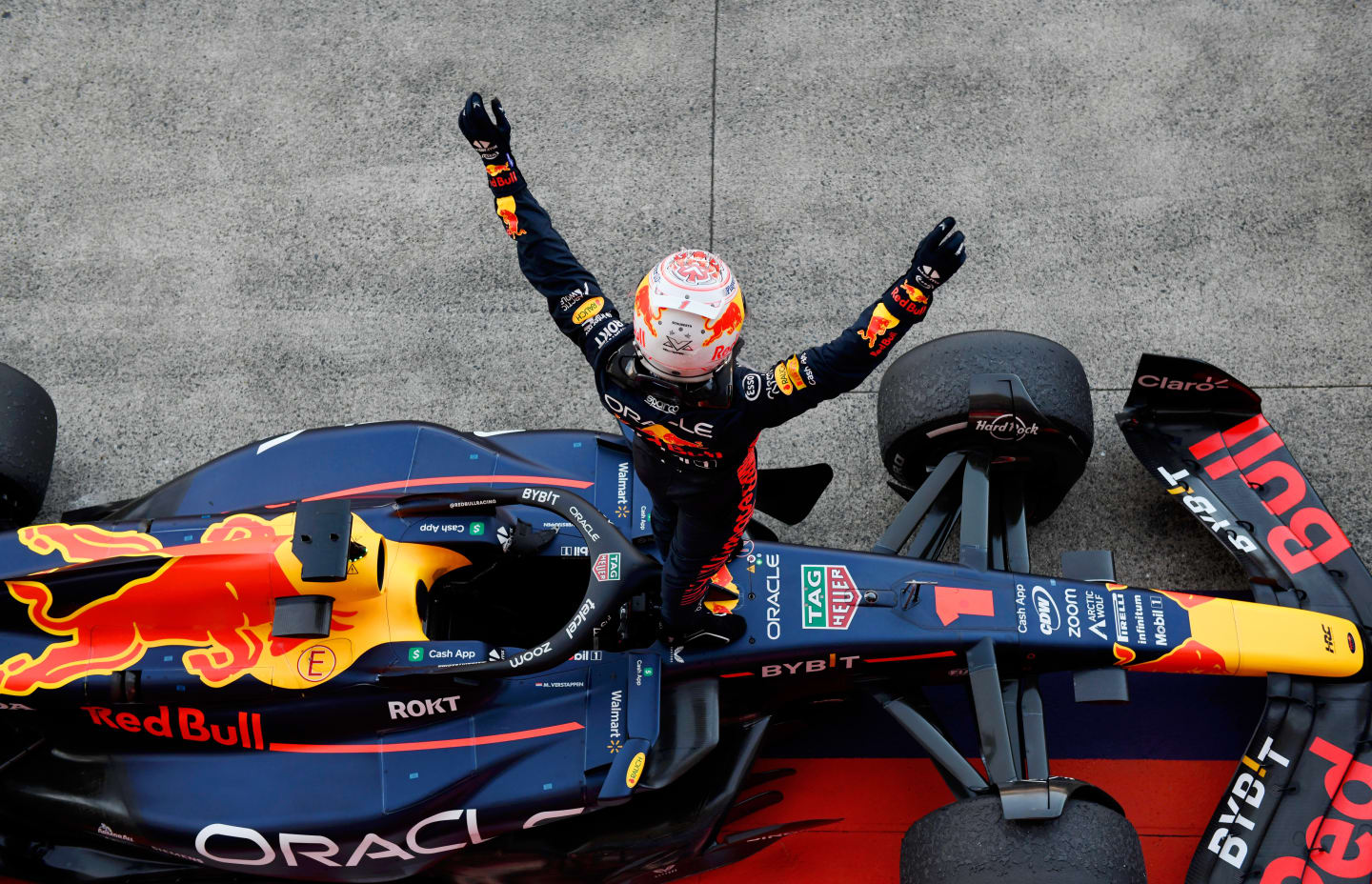 SUZUKA, JAPAN - SEPTEMBER 24: Race winner Max Verstappen of the Netherlands and Oracle Red Bull Racing celebrates in parc ferme during the F1 Grand Prix of Japan at Suzuka International Racing Course on September 24, 2023 in Suzuka, Japan. (Photo by Rudy Carezzevoli/Getty Images)