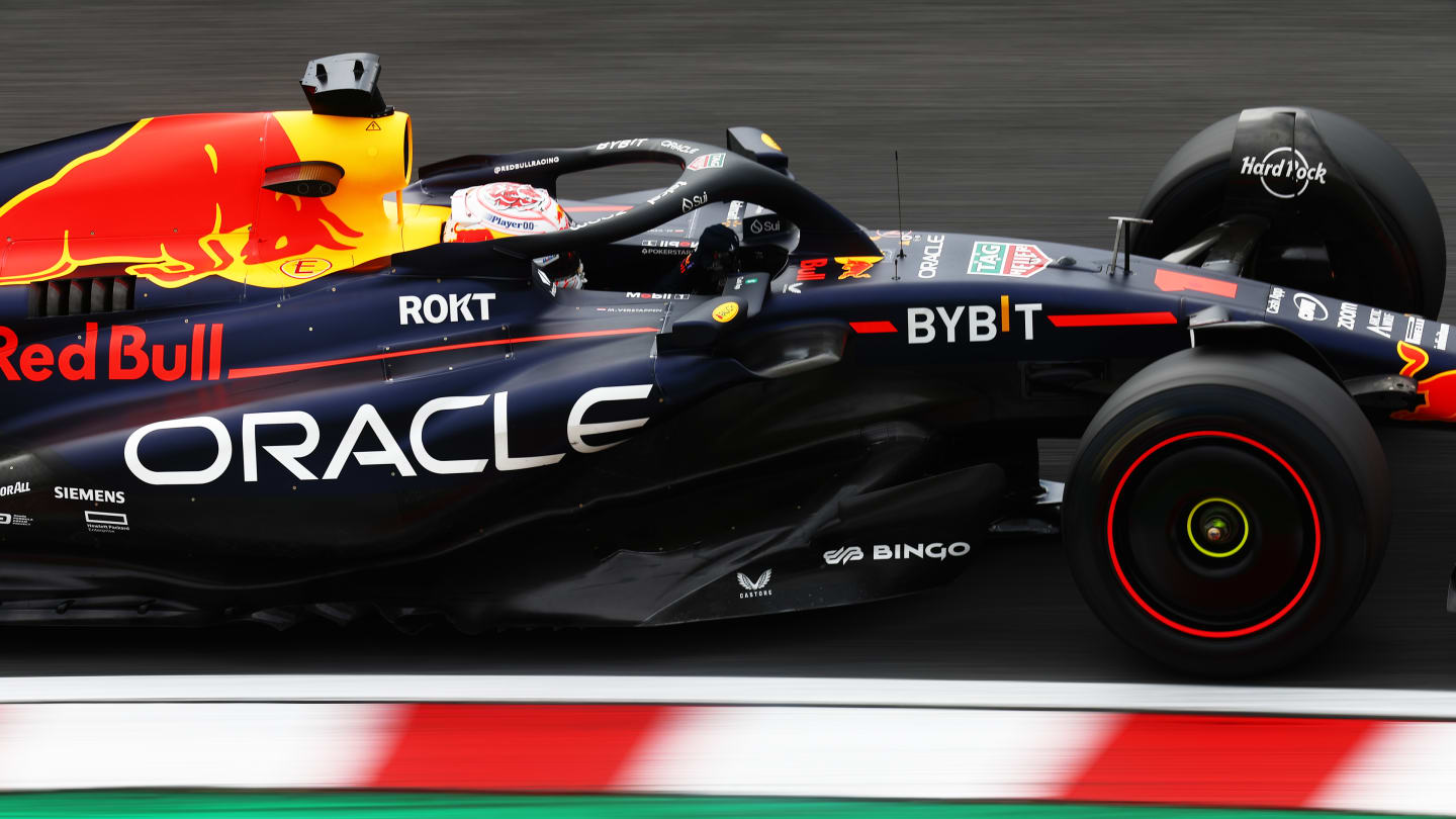 SUZUKA, JAPAN - SEPTEMBER 22: Max Verstappen of the Netherlands driving the (1) Oracle Red Bull Racing RB19 on track during practice ahead of the F1 Grand Prix of Japan at Suzuka International Racing Course on September 22, 2023 in Suzuka, Japan. (Photo by Bryn Lennon - Formula 1/Formula 1 via Getty Images)