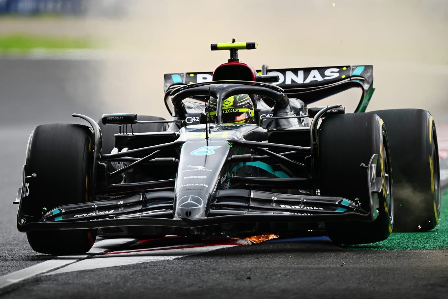 SUZUKA, JAPAN - SEPTEMBER 22: Lewis Hamilton of Great Britain driving the (44) Mercedes AMG Petronas F1 Team W14 on track during practice ahead of the F1 Grand Prix of Japan at Suzuka International Racing Course on September 22, 2023 in Suzuka, Japan. (Photo by Clive Mason/Getty Images)