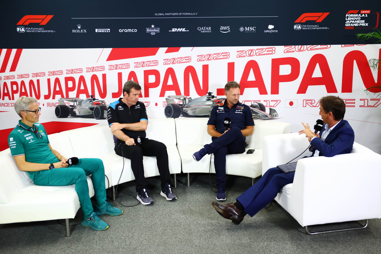 SUZUKA, JAPAN - SEPTEMBER 22: Mike Krack, Team Principal of the Aston Martin F1 Team, Bruno Famin, Interim Team Principal of Alpine F1 and Red Bull Racing Team Principal Christian Horner attend the Team Principals Press Conference during practice ahead of the F1 Grand Prix of Japan at Suzuka International Racing Course on September 22, 2023 in Suzuka, Japan. (Photo by Dan Istitene/Getty Images)
