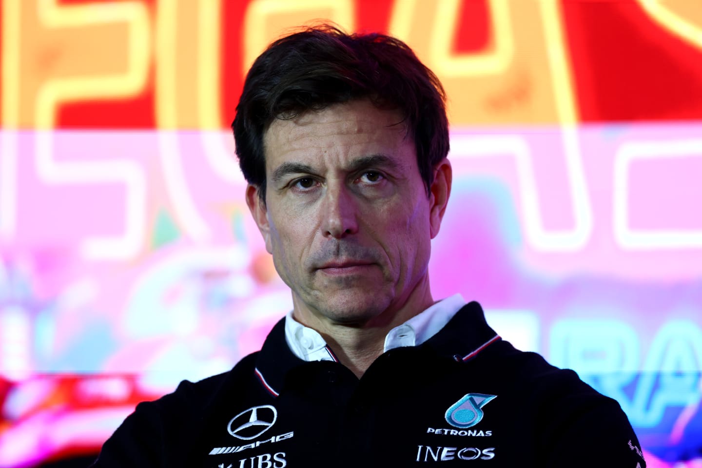 LAS VEGAS, NEVADA - NOVEMBER 16: Mercedes GP Executive Director Toto Wolff looks on in the Team Principals Press Conference during practice ahead of the F1 Grand Prix of Las Vegas at Las Vegas Strip Circuit on November 16, 2023 in Las Vegas, Nevada. (Photo by Dan Istitene/Getty Images)