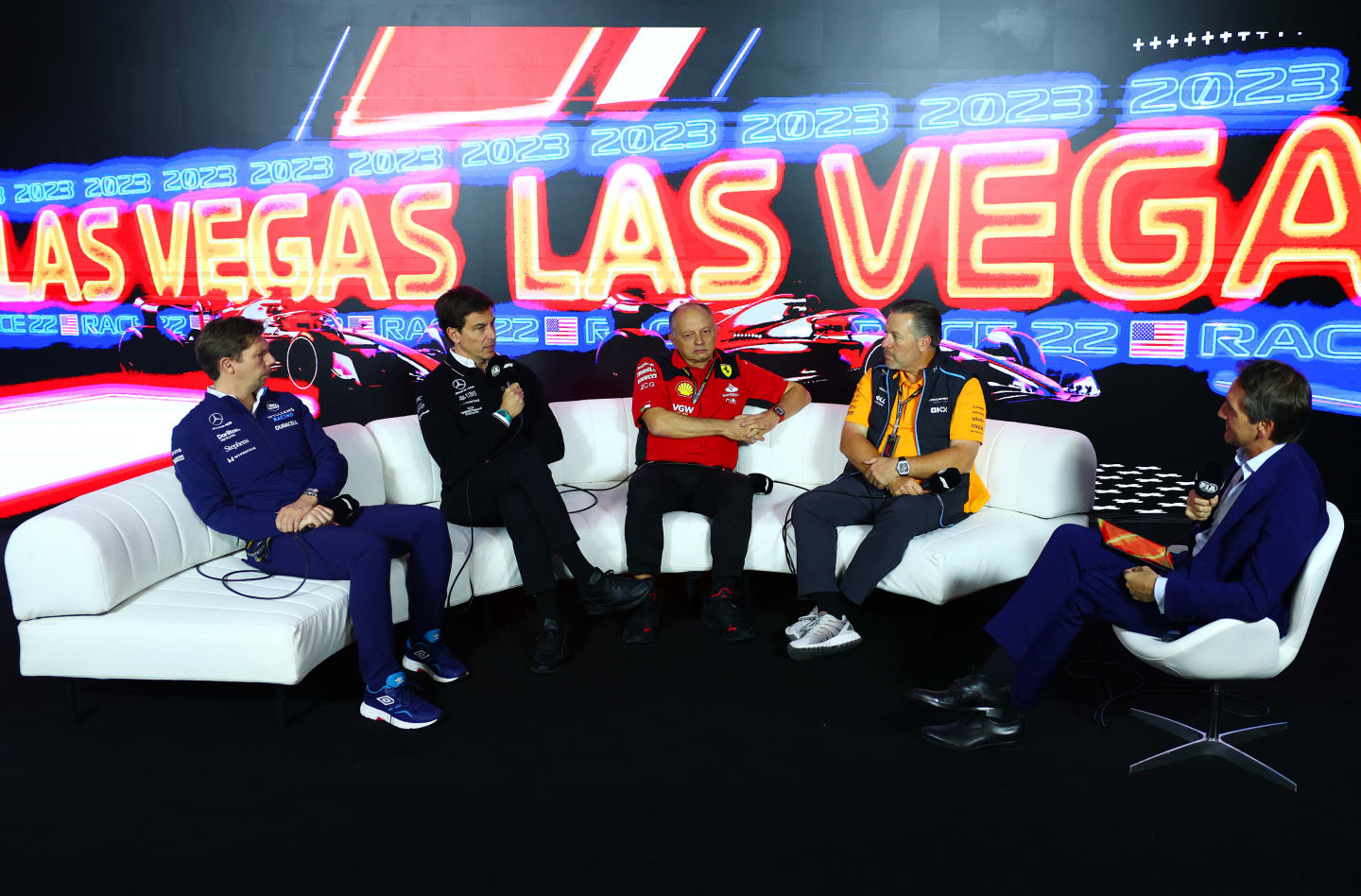 LAS VEGAS, NEVADA - NOVEMBER 16: James Vowles, Team Principal of Williams, Mercedes GP Executive Director Toto Wolff, Ferrari Team Principal Frederic Vasseur and McLaren Chief Executive Officer Zak Brown attend a Team Principals Press Conference ahead of the F1 Grand Prix of Las Vegas at Las Vegas Strip Circuit on November 16, 2023 in Las Vegas, Nevada. (Photo by Dan Istitene/Getty Images)