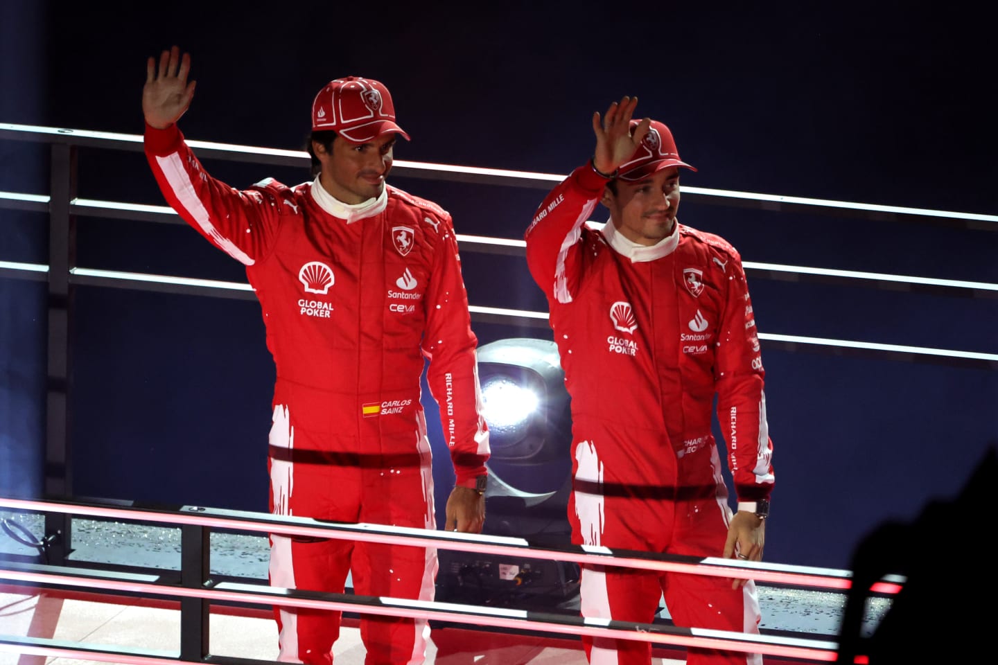 LAS VEGAS, NEVADA - NOVEMBER 15: Charles Leclerc of Monaco and Ferrari and Carlos Sainz of Spain