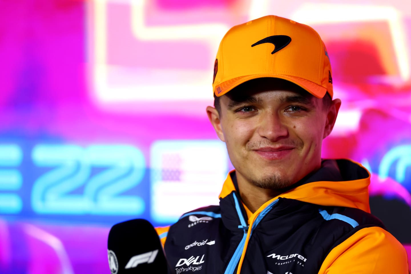 LAS VEGAS, NEVADA - NOVEMBER 15: Lando Norris of Great Britain and McLaren looks on in the Drivers Press Conference  during previews ahead of the F1 Grand Prix of Las Vegas at Las Vegas Strip Circuit on November 15, 2023 in Las Vegas, Nevada. (Photo by Dan Istitene/Getty Images)
