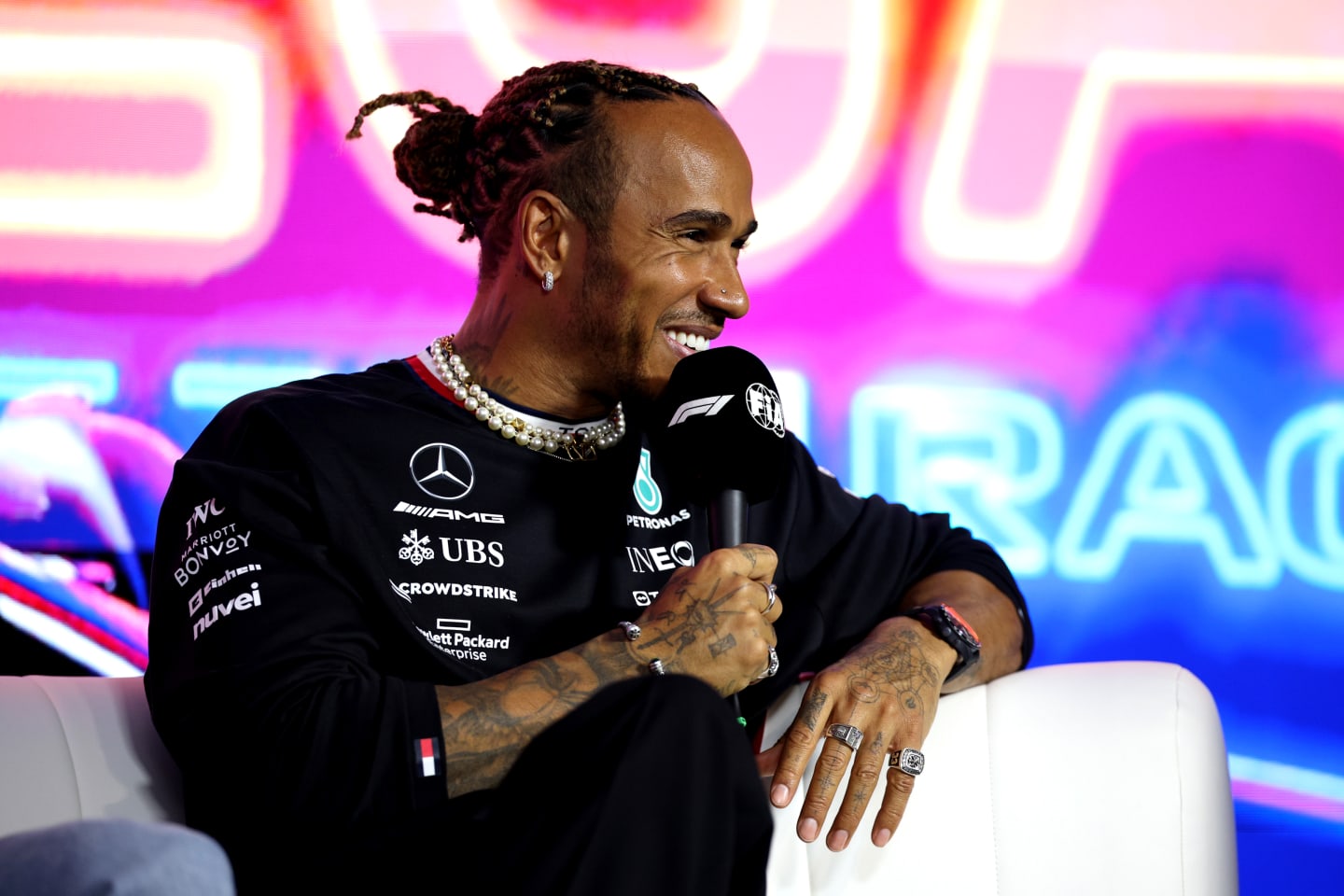LAS VEGAS, NEVADA - NOVEMBER 15: Lewis Hamilton of Great Britain and Mercedes talks in the Drivers Press Conference during previews ahead of the F1 Grand Prix of Las Vegas at Las Vegas Strip Circuit on November 15, 2023 in Las Vegas, Nevada. (Photo by Jared C. Tilton/Getty Images)