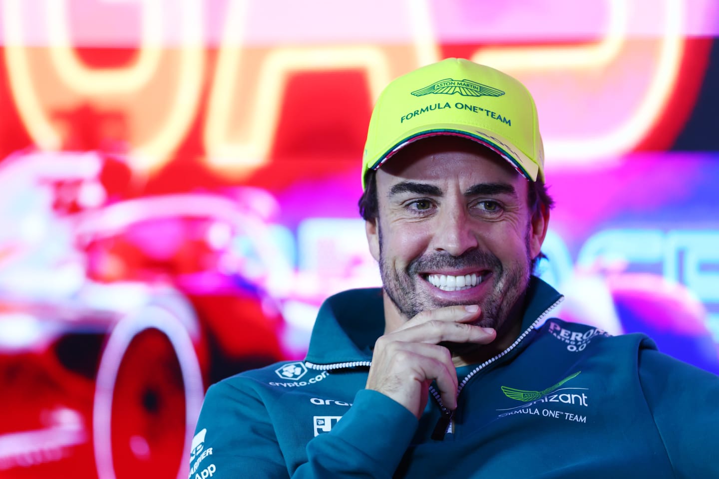 LAS VEGAS, NEVADA - NOVEMBER 15: Fernando Alonso of Spain and Aston Martin F1 Team looks on in the Drivers Press Conference during previews ahead of the F1 Grand Prix of Las Vegas at Las Vegas Strip Circuit on November 15, 2023 in Las Vegas, Nevada. (Photo by Dan Istitene/Getty Images)