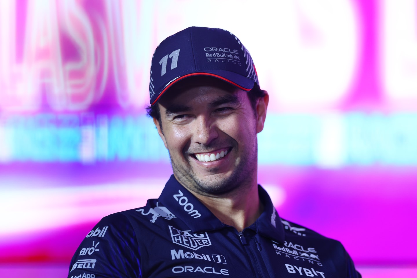 LAS VEGAS, NEVADA - NOVEMBER 15: Sergio Perez of Mexico and Oracle Red Bull Racing looks on in the Drivers Press Conference during previews ahead of the F1 Grand Prix of Las Vegas at Las Vegas Strip Circuit on November 15, 2023 in Las Vegas, Nevada. (Photo by Dan Istitene/Getty Images)