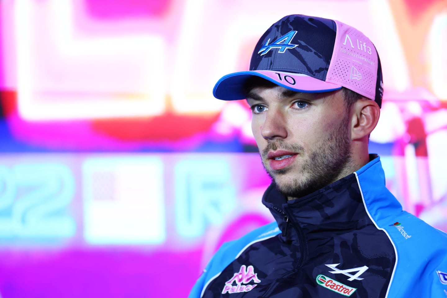 LAS VEGAS, NEVADA - NOVEMBER 15: Pierre Gasly of France and Alpine F1 looks on in the Drivers Press Conference during previews ahead of the F1 Grand Prix of Las Vegas at Las Vegas Strip Circuit on November 15, 2023 in Las Vegas, Nevada. (Photo by Dan Istitene/Getty Images)