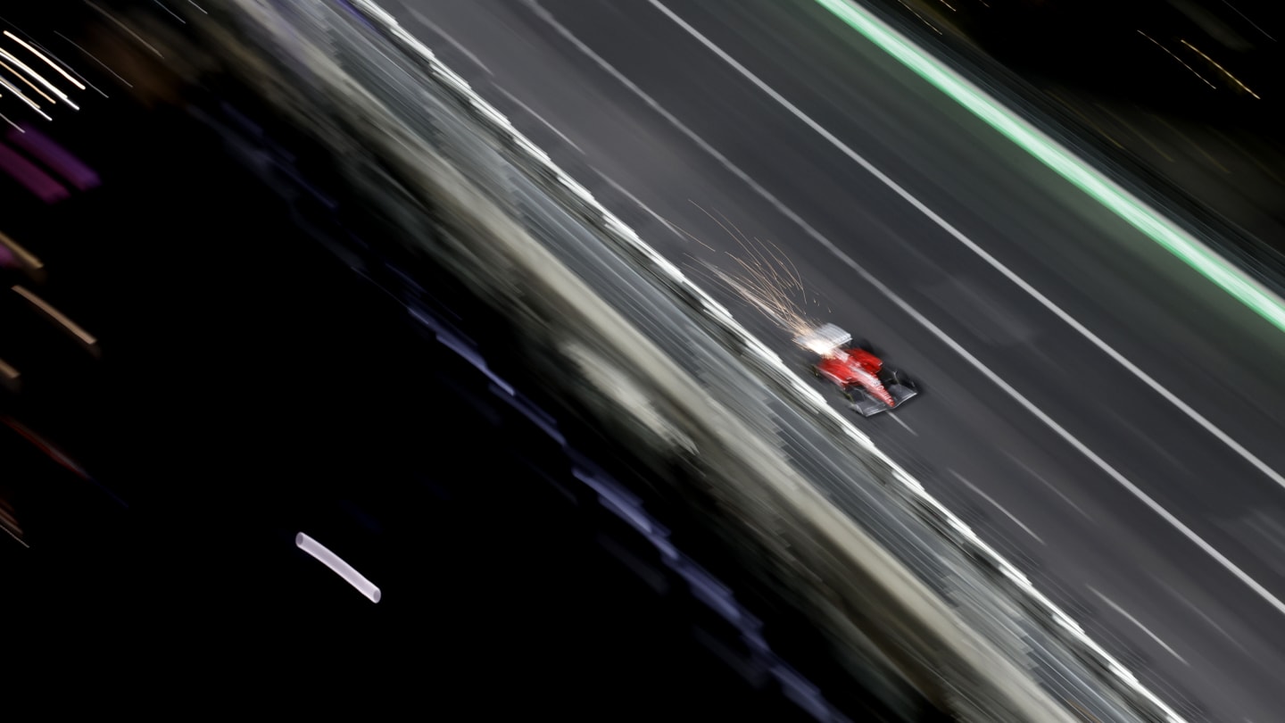 LAS VEGAS, NEVADA - NOVEMBER 17: Sparks fly behind Charles Leclerc of Monaco driving the (16)