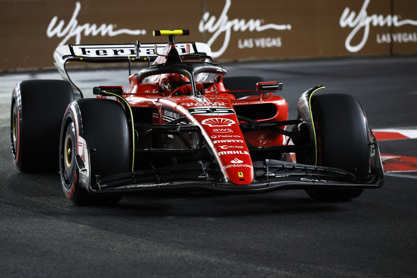 LAS VEGAS, NEVADA - NOVEMBER 18: Carlos Sainz of Spain driving (55) the Ferrari SF-23 on track during qualifying ahead of the F1 Grand Prix of Las Vegas at Las Vegas Strip Circuit on November 18, 2023 in Las Vegas, Nevada. (Photo by Chris Graythen/Getty Images)