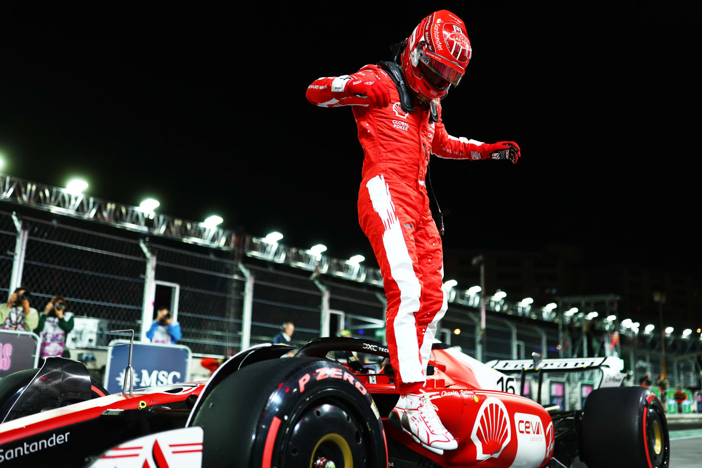 LAS VEGAS, NEVADA - NOVEMBER 18: Pole position qualifier Charles Leclerc of Monaco and Ferrari