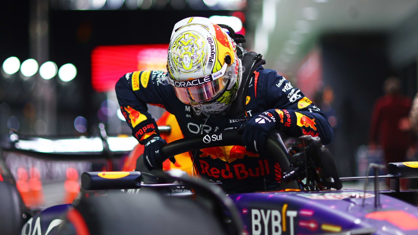 LAS VEGAS, NEVADA - NOVEMBER 18: Third placed qualifier Max Verstappen of the Netherlands and Oracle Red Bull Racing stops in parc ferme during qualifying ahead of the F1 Grand Prix of Las Vegas at Las Vegas Strip Circuit on November 18, 2023 in Las Vegas, Nevada. (Photo by Dan Istitene - Formula 1/Formula 1 via Getty Images)