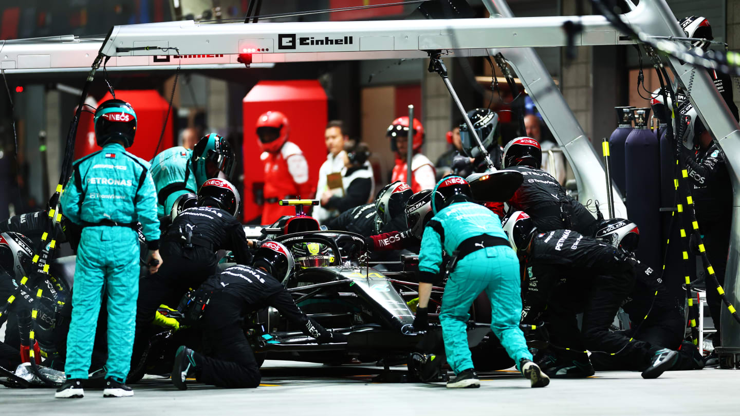 LAS VEGAS, NEVADA - NOVEMBER 18: Lewis Hamilton of Great Britain driving the (44) Mercedes AMG Petronas F1 Team W14 makes a pitstop during the F1 Grand Prix of Las Vegas at Las Vegas Strip Circuit on November 18, 2023 in Las Vegas, Nevada. (Photo by Dan Istitene - Formula 1/Formula 1 via Getty Images)