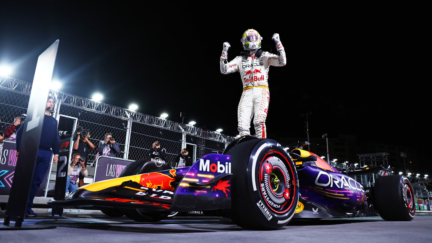 LAS VEGAS, NEVADA - NOVEMBER 18: Race winner Max Verstappen of the Netherlands and Oracle Red Bull