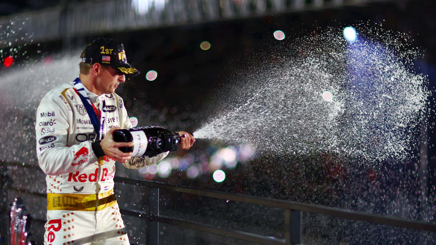 LAS VEGAS, NEVADA - NOVEMBER 18: Race winner Max Verstappen of the Netherlands and Oracle Red Bull