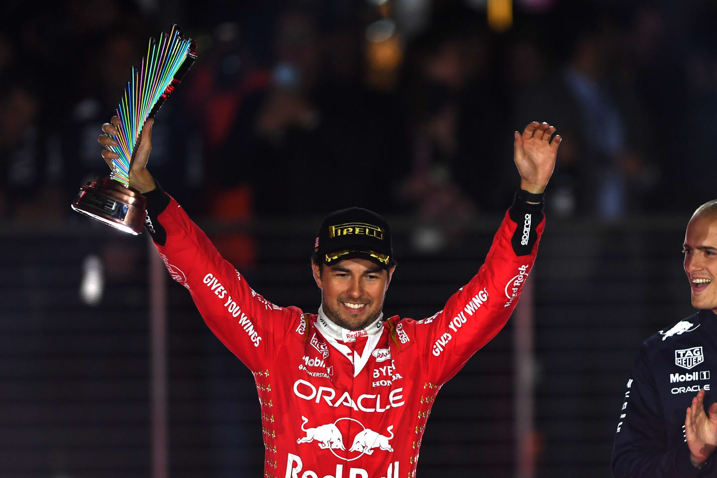 LAS VEGAS, NEVADA - NOVEMBER 18: Third placed Sergio Perez of Mexico and Oracle Red Bull Racing