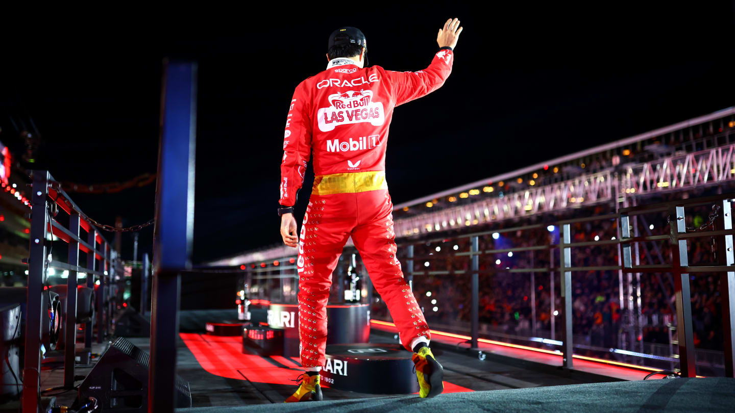LAS VEGAS, NEVADA - NOVEMBER 18: Third placed Sergio Perez of Mexico and Oracle Red Bull Racing looks on from the podium during the F1 Grand Prix of Las Vegas at Las Vegas Strip Circuit on November 18, 2023 in Las Vegas, Nevada. (Photo by Dan Istitene - Formula 1/Formula 1 via Getty Images)