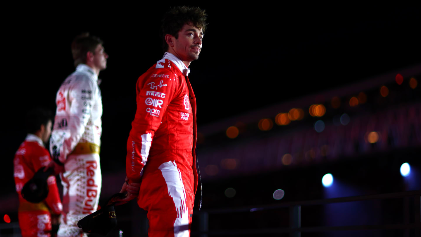 LAS VEGAS, NEVADA - NOVEMBER 18: Second placed Charles Leclerc of Monaco and Ferrari celebrates on