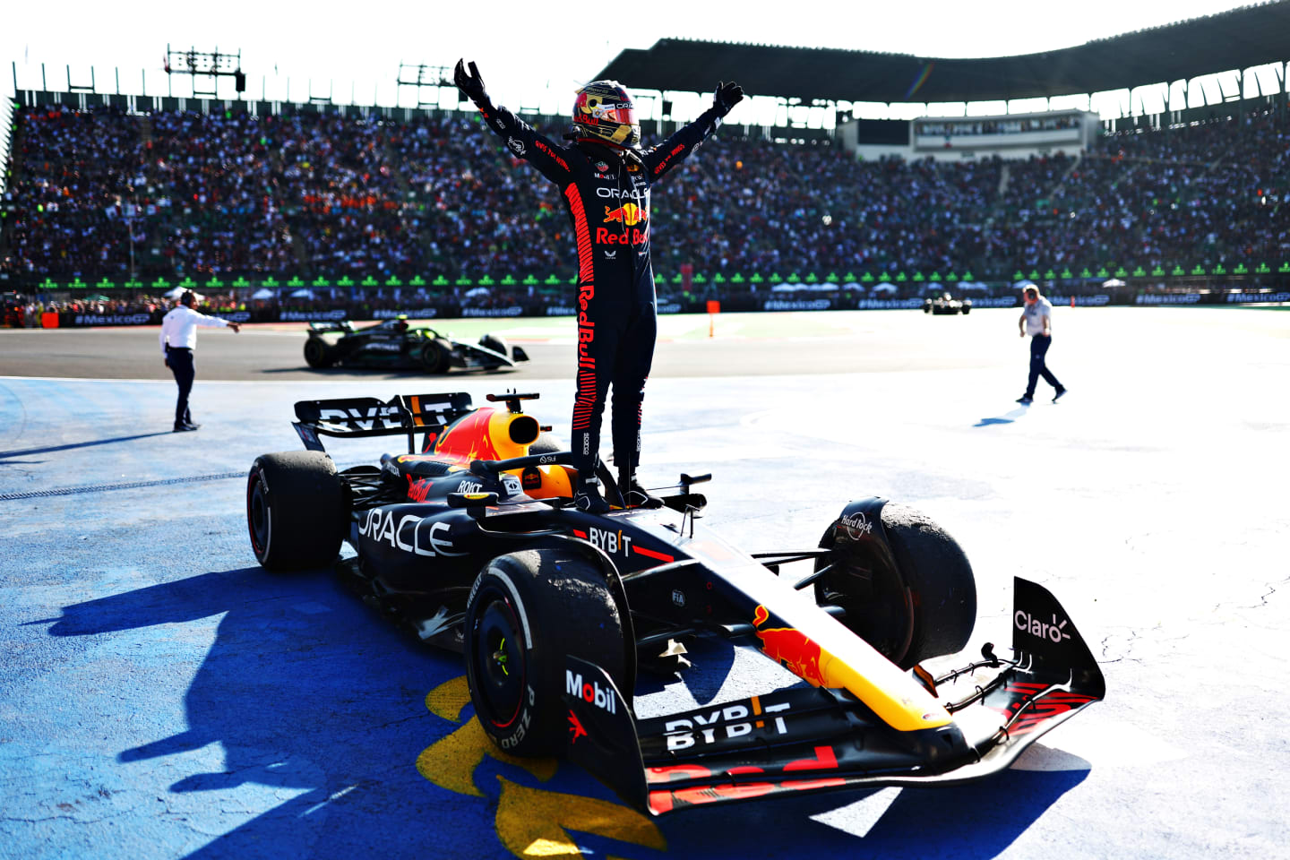 MEXICO CITY, MEXICO - OCTOBER 29: Race winner Max Verstappen of the Netherlands and Oracle Red Bull Racing celebrates on his car in parc ferme the F1 Grand Prix of Mexico at Autodromo Hermanos Rodriguez on October 29, 2023 in Mexico City, Mexico. (Photo by Dan Istitene - Formula 1/Formula 1 via Getty Images)