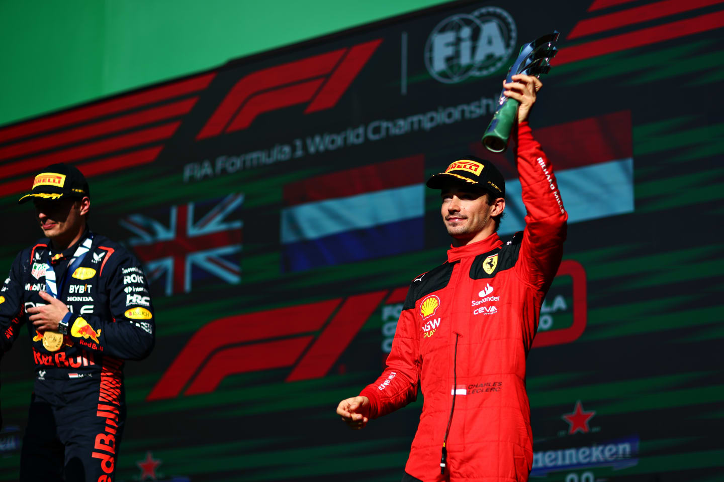 MEXICO CITY, MEXICO - OCTOBER 29: Third placed Charles Leclerc of Monaco and Ferrari celebrates on the podium after the F1 Grand Prix of Mexico at Autodromo Hermanos Rodriguez on October 29, 2023 in Mexico City, Mexico. (Photo by Dan Istitene - Formula 1/Formula 1 via Getty Images)