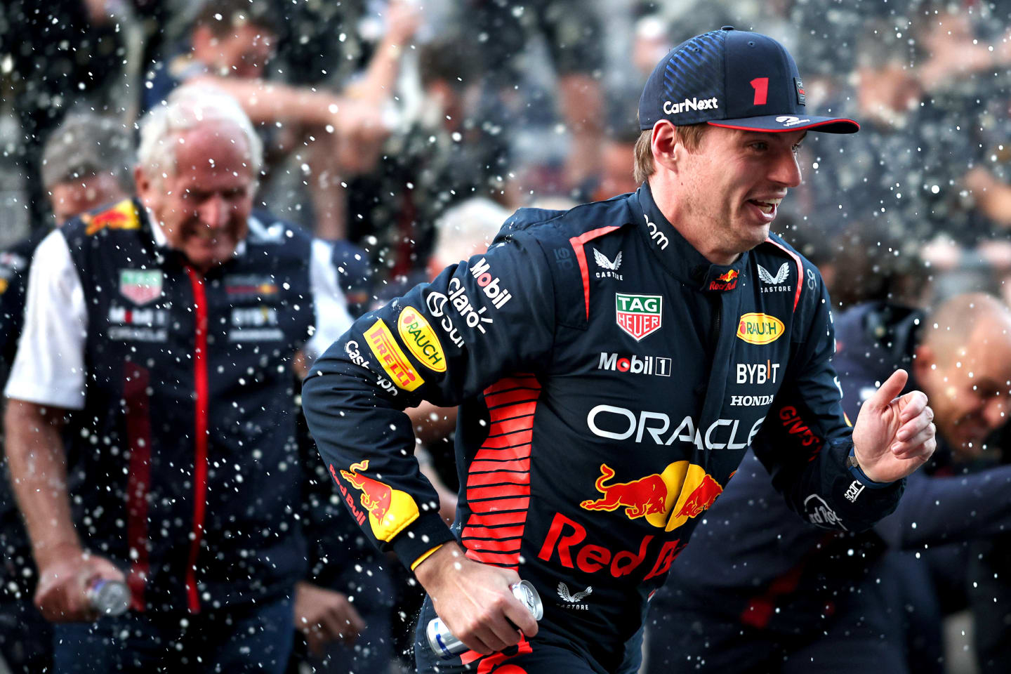MEXICO CITY, MEXICO - OCTOBER 29: Race winner Max Verstappen of the Netherlands and Oracle Red Bull Racing and the Red Bull Racing team celebrate after the F1 Grand Prix of Mexico at Autodromo Hermanos Rodriguez on October 29, 2023 in Mexico City, Mexico. (Photo by Jared C. Tilton/Getty Images)