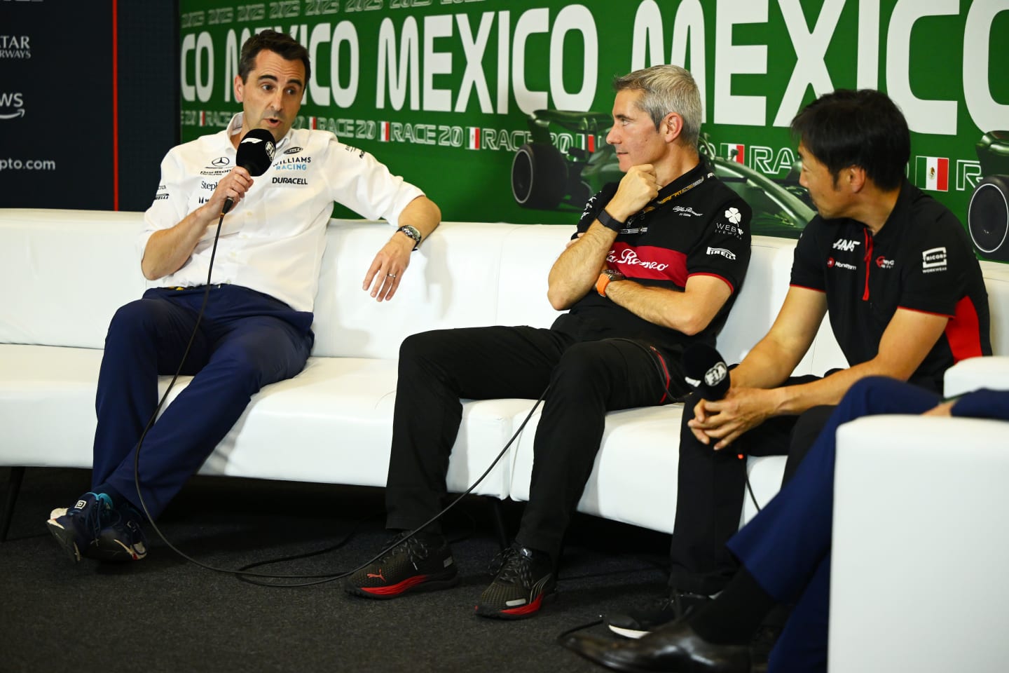 MEXICO CITY, MEXICO - OCTOBER 27: Dave Robson, Head of Vehicle Performance at Williams, Xevi Pujolar, Race Director at Alfa Romeo F1 and Ayao Komatsu, Trackside Engineering Director at Haas F1 attend the Team Principals Press Conference during practice ahead of the F1 Grand Prix of Mexico at Autodromo Hermanos Rodriguez on October 27, 2023 in Mexico City, Mexico. (Photo by Clive Mason/Getty Images)
