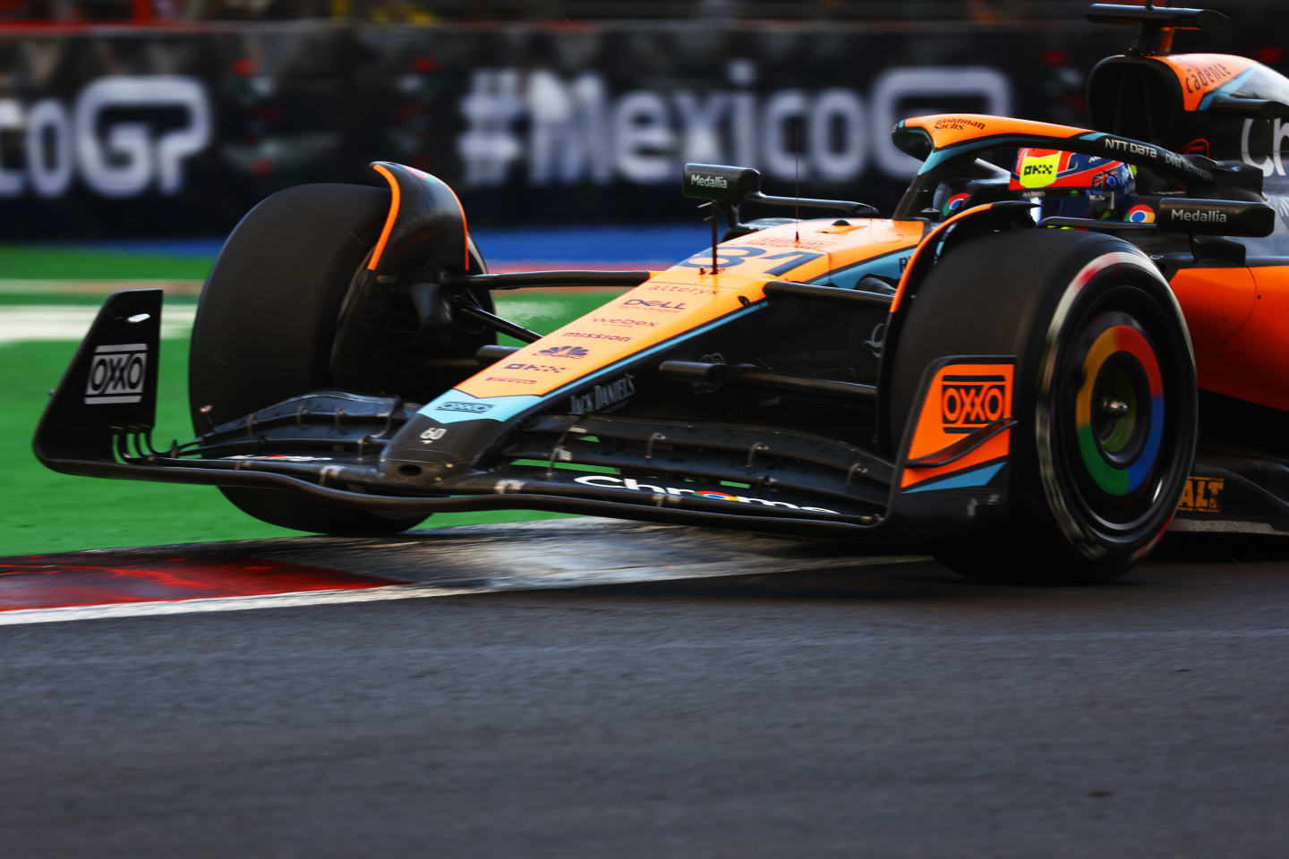 MEXICO CITY, MEXICO - OCTOBER 27: Oscar Piastri of Australia driving the (81) McLaren MCL60 Mercedes on track during practice ahead of the F1 Grand Prix of Mexico at Autodromo Hermanos Rodriguez on October 27, 2023 in Mexico City, Mexico. (Photo by Mark Thompson/Getty Images)