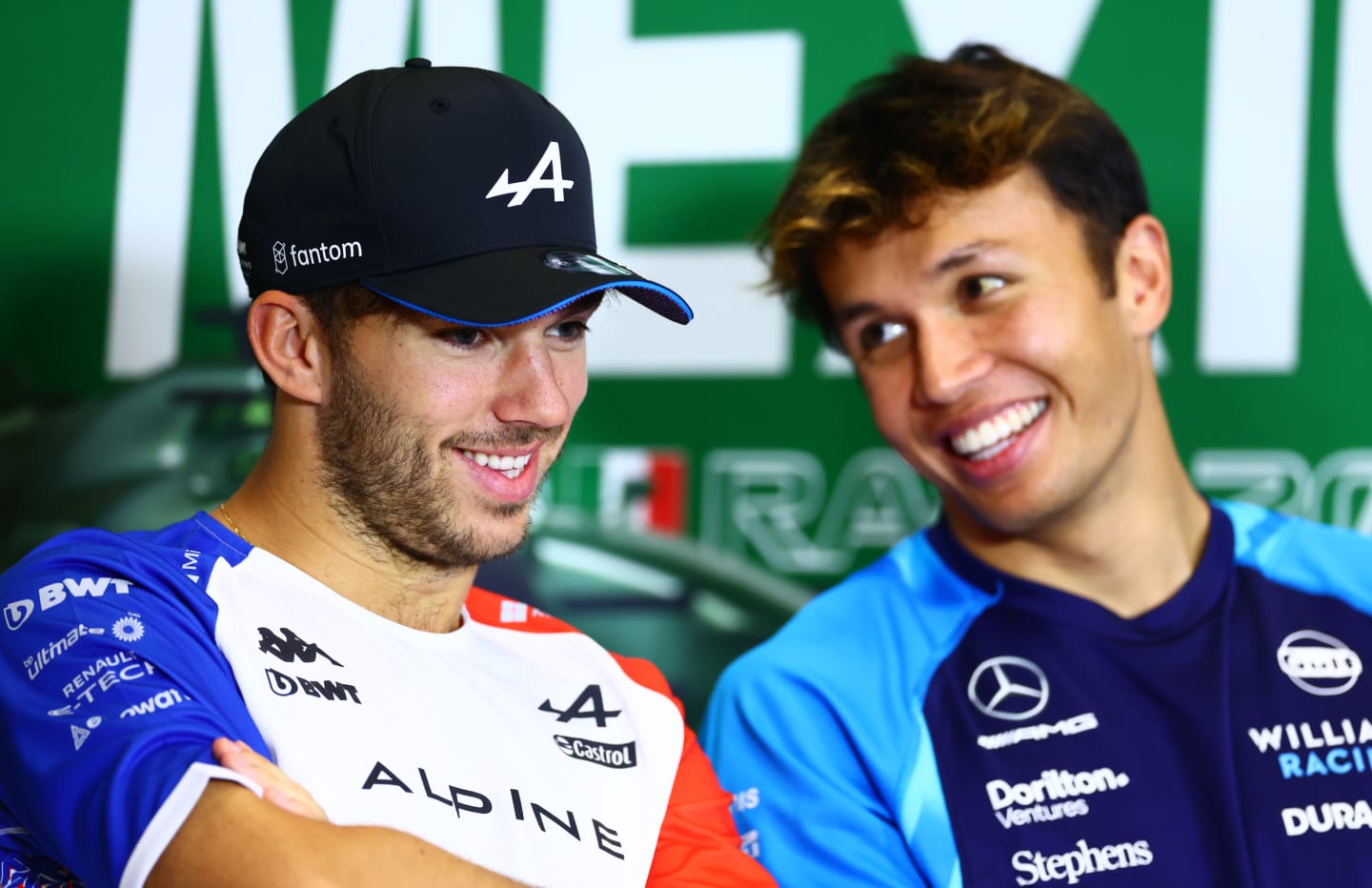 MEXICO CITY, MEXICO - OCTOBER 26: Pierre Gasly of France and Alpine F1 and Alexander Albon of Thailand and Williams talk in the Drivers Press Conference  during previews ahead of the F1 Grand Prix of Mexico at Autodromo Hermanos Rodriguez on October 26, 2023 in Mexico City, Mexico. (Photo by Dan Istitene/Getty Images)