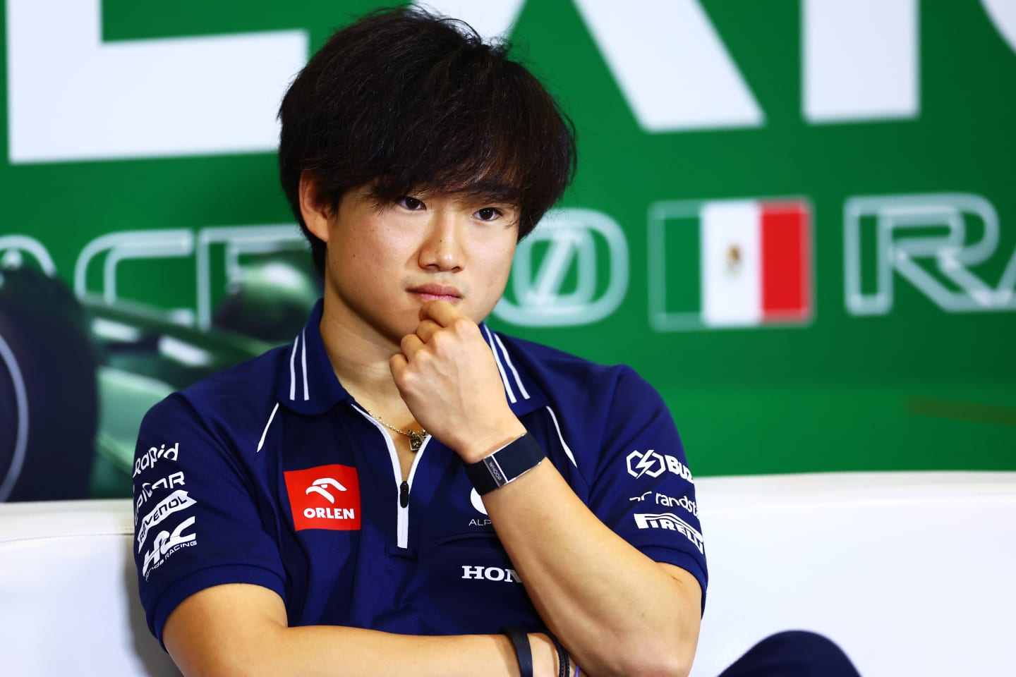 MEXICO CITY, MEXICO - OCTOBER 26: Yuki Tsunoda of Japan and Scuderia AlphaTauri attends the Drivers Press Conference during previews ahead of the F1 Grand Prix of Mexico at Autodromo Hermanos Rodriguez on October 26, 2023 in Mexico City, Mexico. (Photo by Dan Istitene/Getty Images)