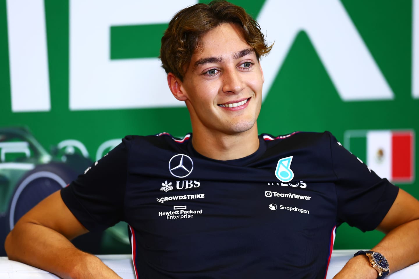 MEXICO CITY, MEXICO - OCTOBER 26: George Russell of Great Britain and Mercedes attends the Drivers Press Conference during previews ahead of the F1 Grand Prix of Mexico at Autodromo Hermanos Rodriguez on October 26, 2023 in Mexico City, Mexico. (Photo by Dan Istitene/Getty Images)