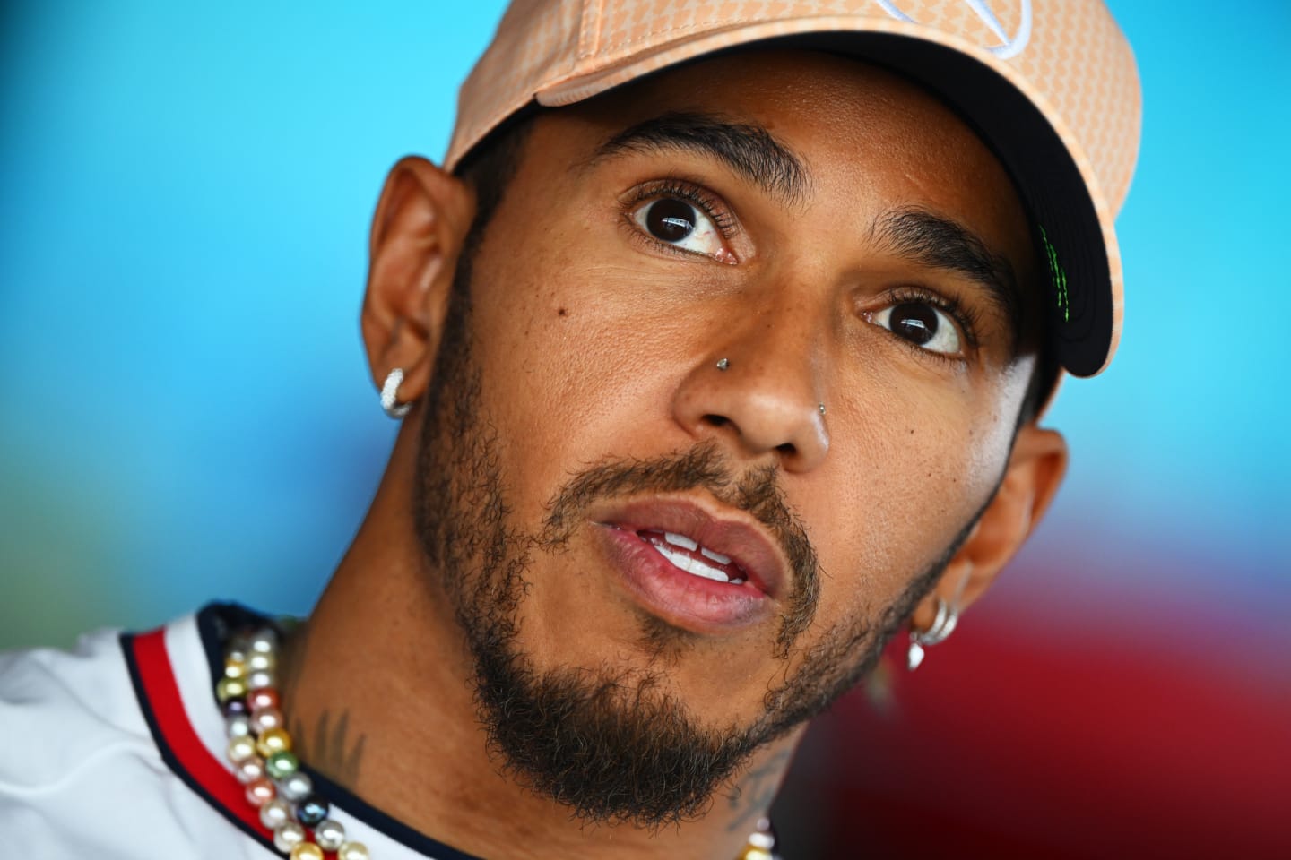 MEXICO CITY, MEXICO - OCTOBER 26: Lewis Hamilton of Great Britain and Mercedes talks to the media