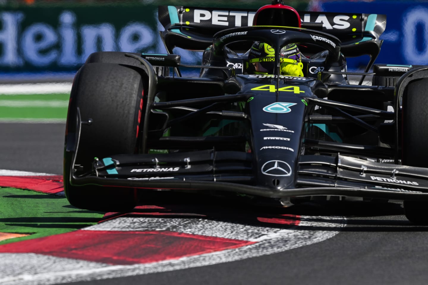 MEXICO CITY, MEXICO - OCTOBER 28: Lewis Hamilton of Great Britain driving the (44) Mercedes AMG