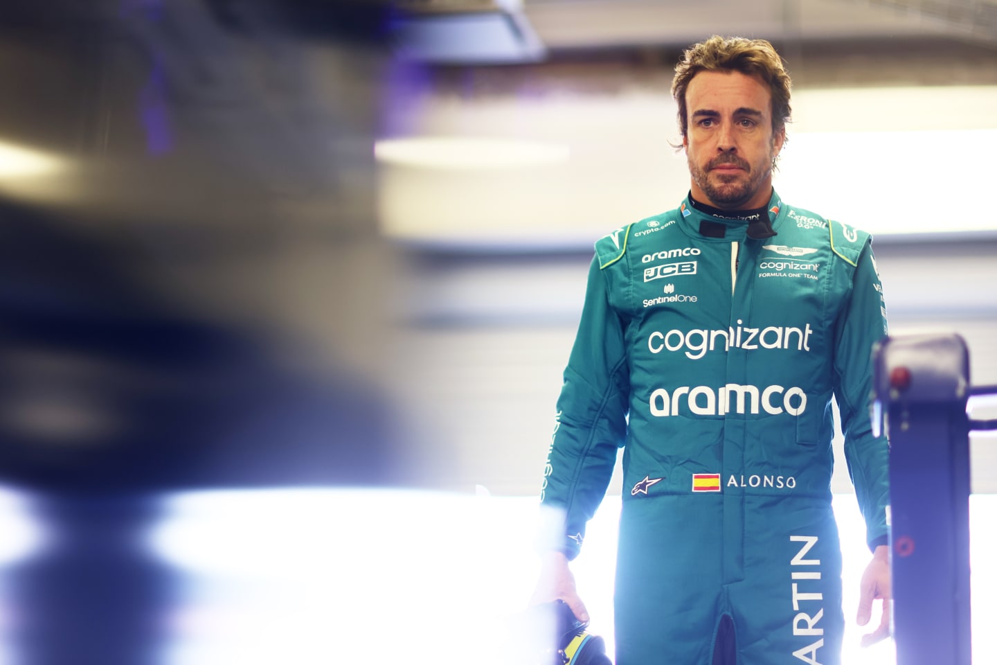 MEXICO CITY, MEXICO - OCTOBER 28: Fourteenth placed qualifier Fernando Alonso of Spain and Aston Martin F1 Team looks on in the FIA Garage during qualifying ahead of the F1 Grand Prix of Mexico at Autodromo Hermanos Rodriguez on October 28, 2023 in Mexico City, Mexico. (Photo by Dan Istitene - Formula 1/Formula 1 via Getty Images)