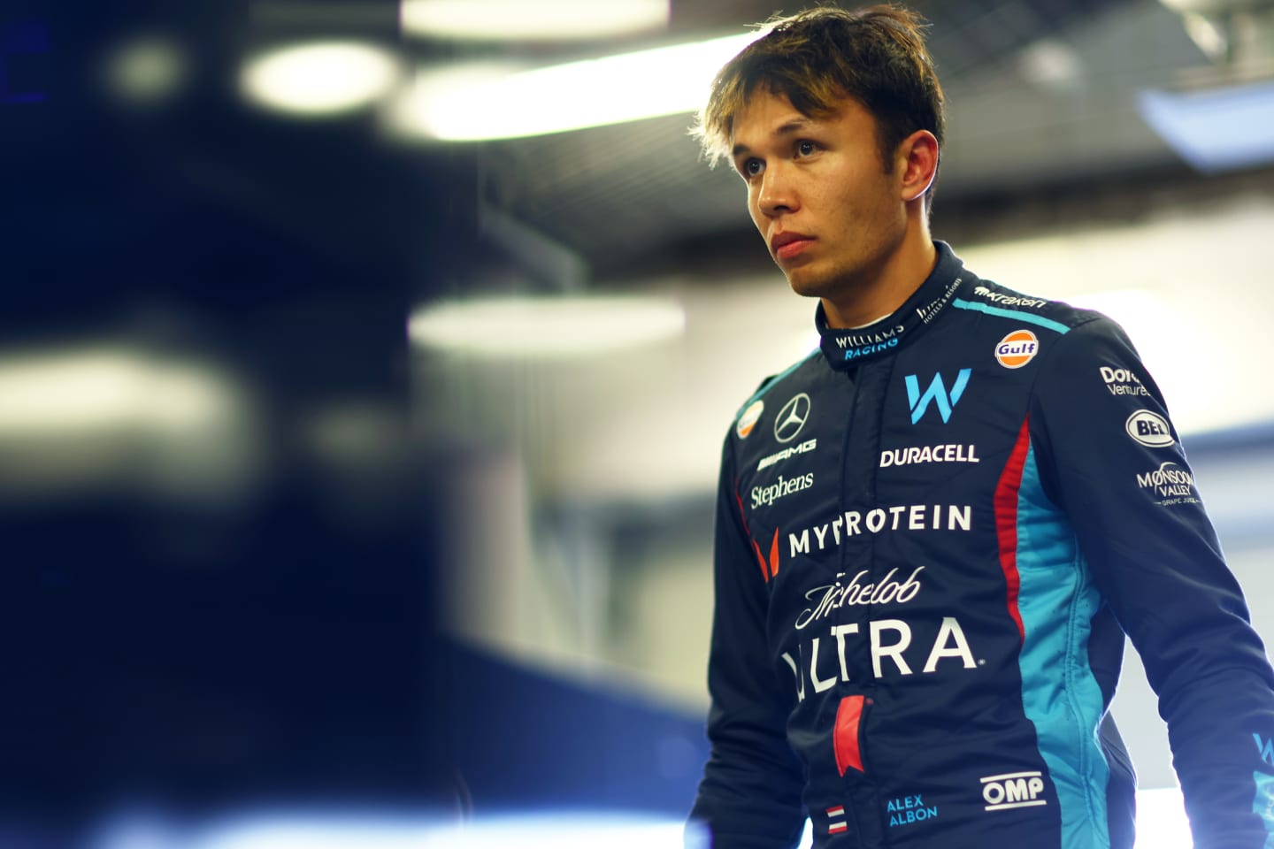 MEXICO CITY, MEXICO - OCTOBER 28: Fourteenth placed qualifier Alexander Albon of Thailand and Williams looks on in the FIA Garage during qualifying ahead of the F1 Grand Prix of Mexico at Autodromo Hermanos Rodriguez on October 28, 2023 in Mexico City, Mexico. (Photo by Dan Istitene - Formula 1/Formula 1 via Getty Images)