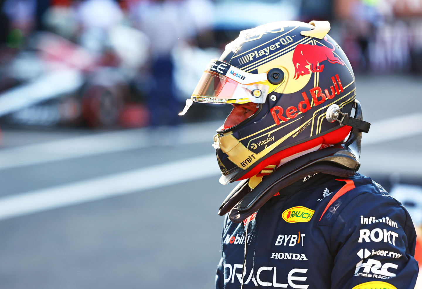 MEXICO CITY, MEXICO - OCTOBER 28: Third placed qualifier Max Verstappen of the Netherlands and Oracle Red Bull Racing looks on in parc ferme during qualifying ahead of the F1 Grand Prix of Mexico at Autodromo Hermanos Rodriguez on October 28, 2023 in Mexico City, Mexico. (Photo by Mark Thompson/Getty Images)