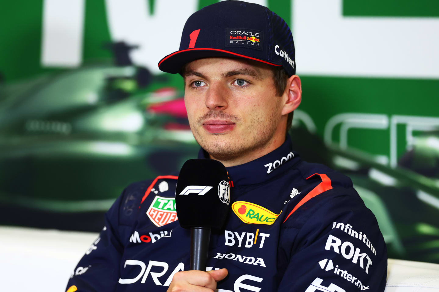 MEXICO CITY, MEXICO - OCTOBER 28: Third placed qualifier Max Verstappen of the Netherlands and Oracle Red Bull Racing talks to the media in a press conference after qualifying ahead of the F1 Grand Prix of Mexico at Autodromo Hermanos Rodriguez on October 28, 2023 in Mexico City, Mexico. (Photo by Dan Istitene/Getty Images)