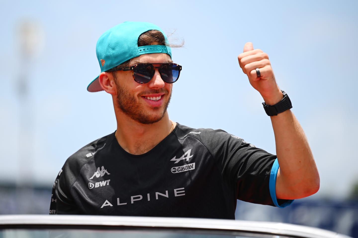 MIAMI, FLORIDA - MAY 07: Pierre Gasly of France and Alpine F1 waves to the crowd on the drivers parade prior to to the F1 Grand Prix of Miami at Miami International Autodrome on May 07, 2023 in Miami, Florida. (Photo by Clive Mason - Formula 1/Formula 1 via Getty Images)