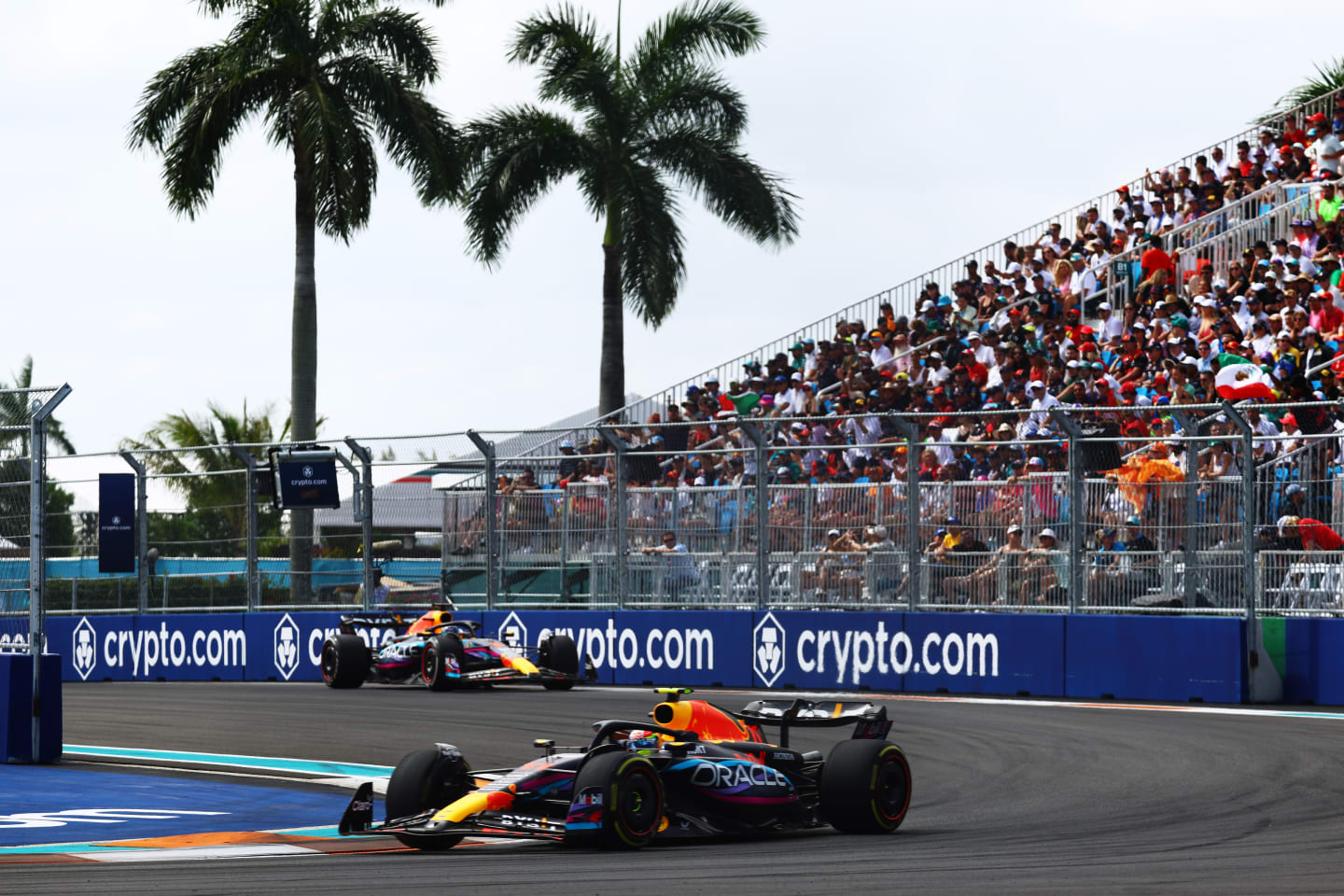 MIAMI, FLORIDA - MAY 07: Sergio Perez of Mexico driving the (11) Oracle Red Bull Racing RB19 leads