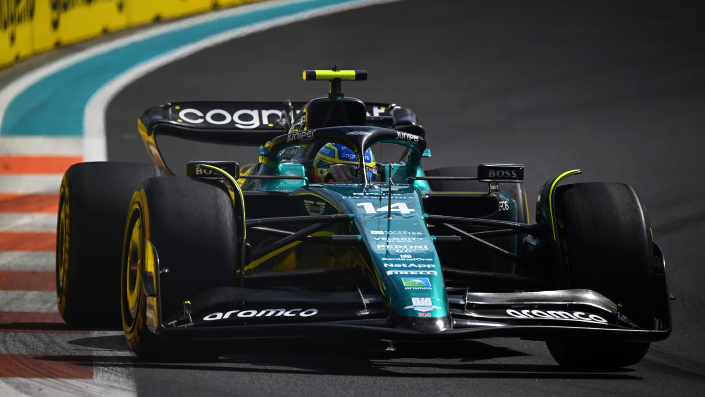 MIAMI, FLORIDA - MAY 07: Fernando Alonso of Spain driving the (14) Aston Martin AMR23 Mercedes on